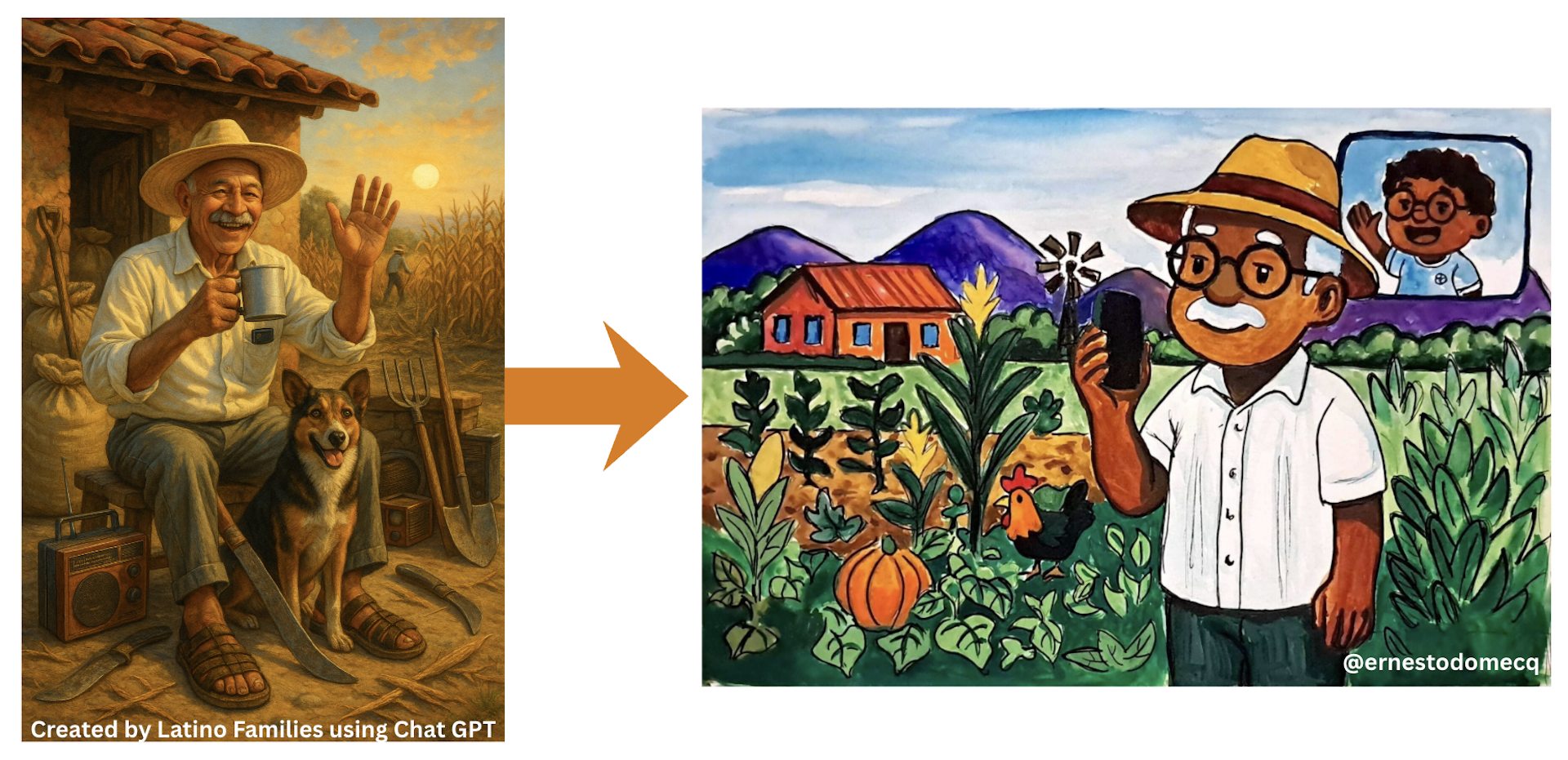 AI-generated image of older Latin American man talking with grandson via video chat