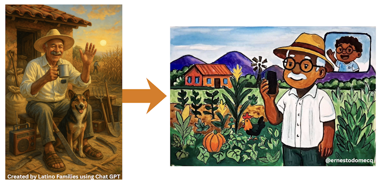 AI-generated image of older Latin American man talking with grandson via video chat