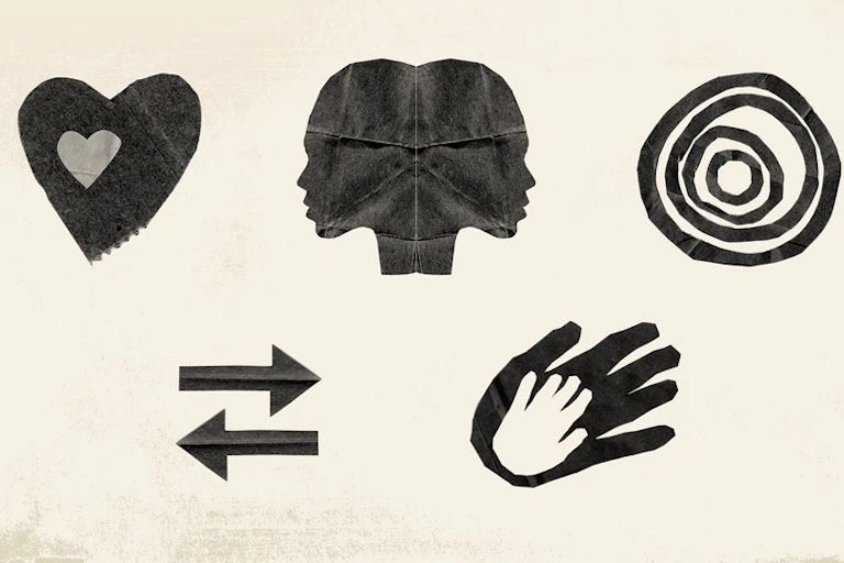 Black-and-white illustration of a heart, two faces, swirling circles, arrows, and reaching hands.