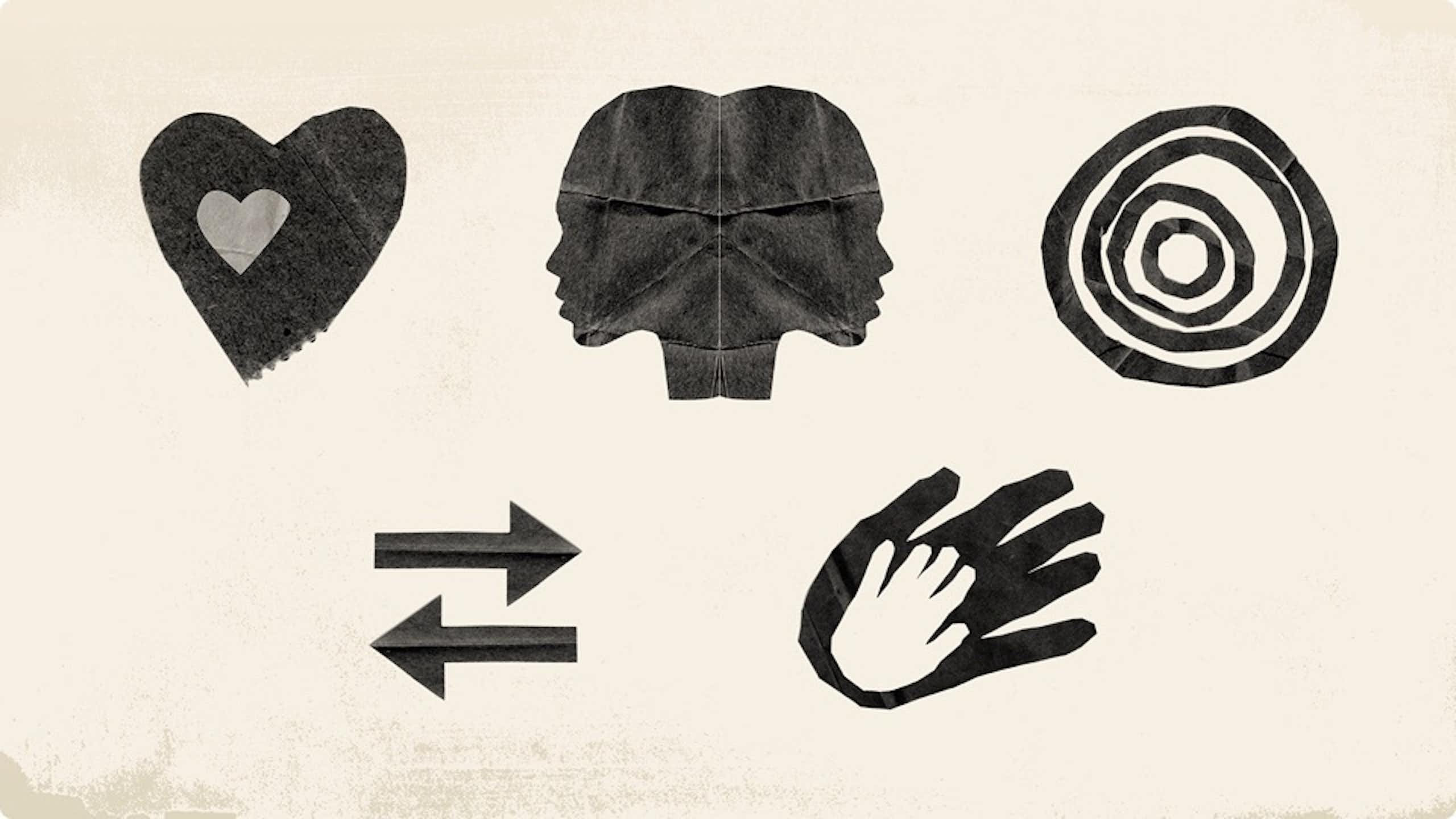 Black-and-white illustration of a heart, two faces, swirling circles, arrows, and reaching hands.