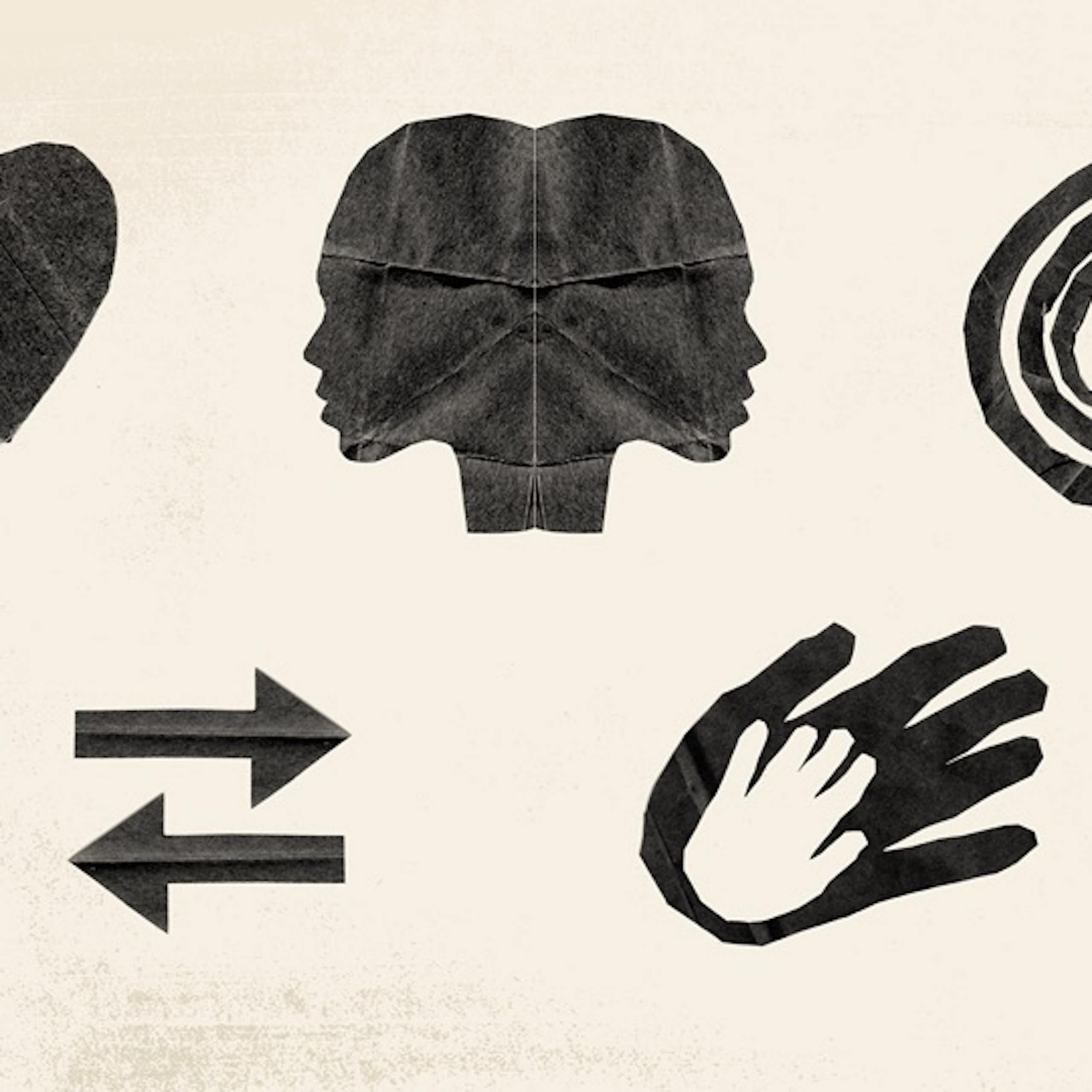 Black-and-white illustration of a heart, two faces, swirling circles, arrows, and reaching hands.