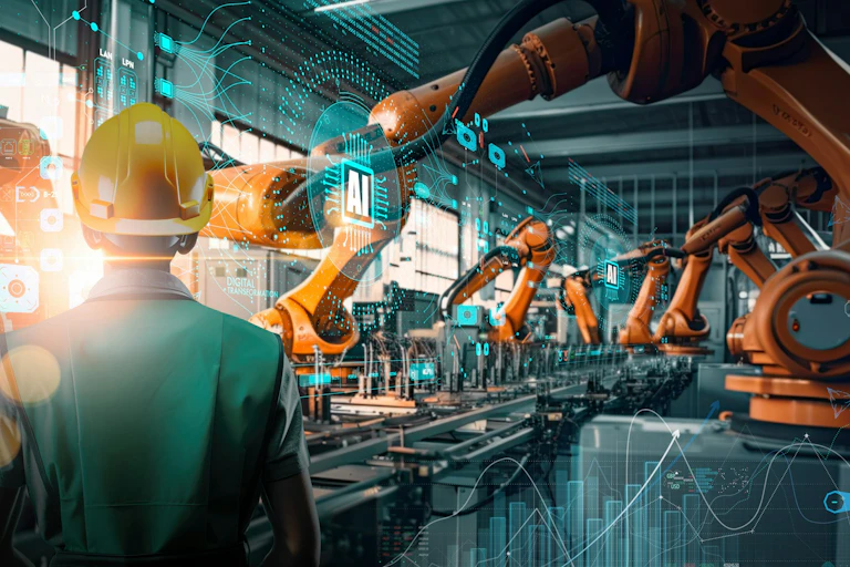 A worker stands with their back to the viewer wearing a hard hat on an assembly line.