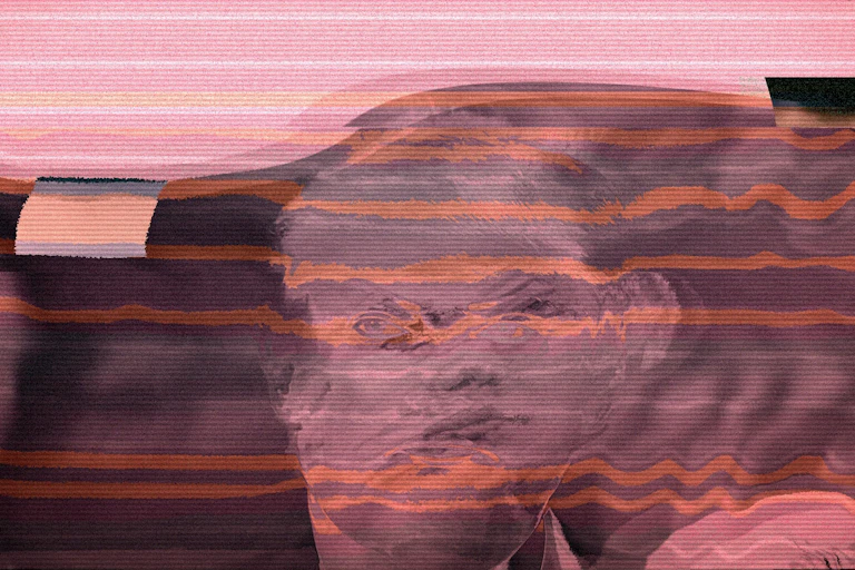 A man's head is depicted as a glitch