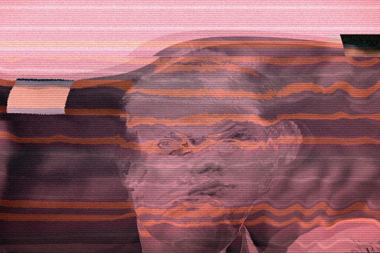 A man's head is depicted as a glitch
