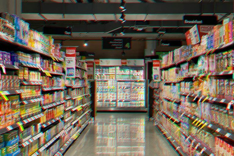 A supermarket aisle with a glitch effect.