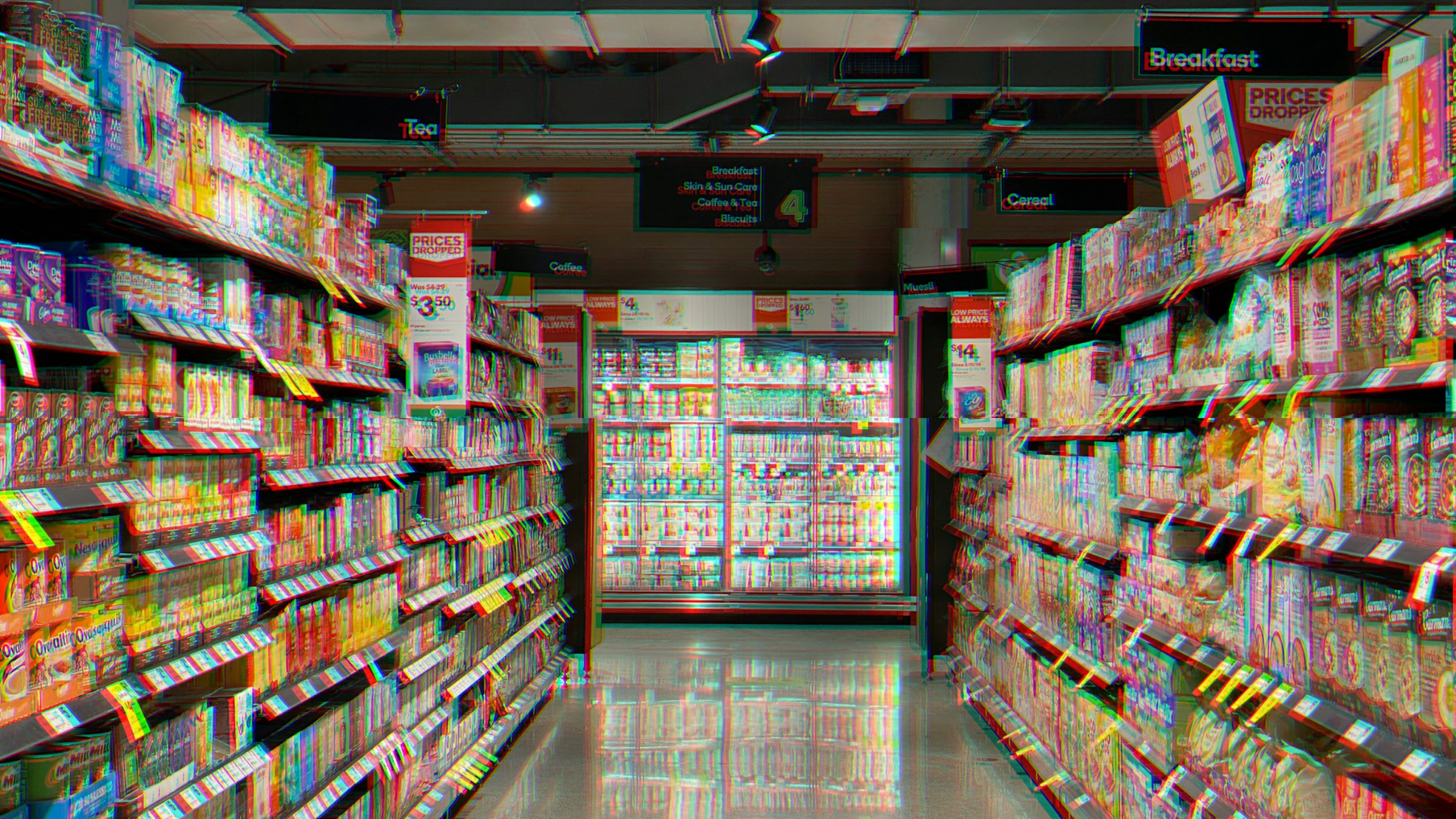 A supermarket aisle with a glitch effect.