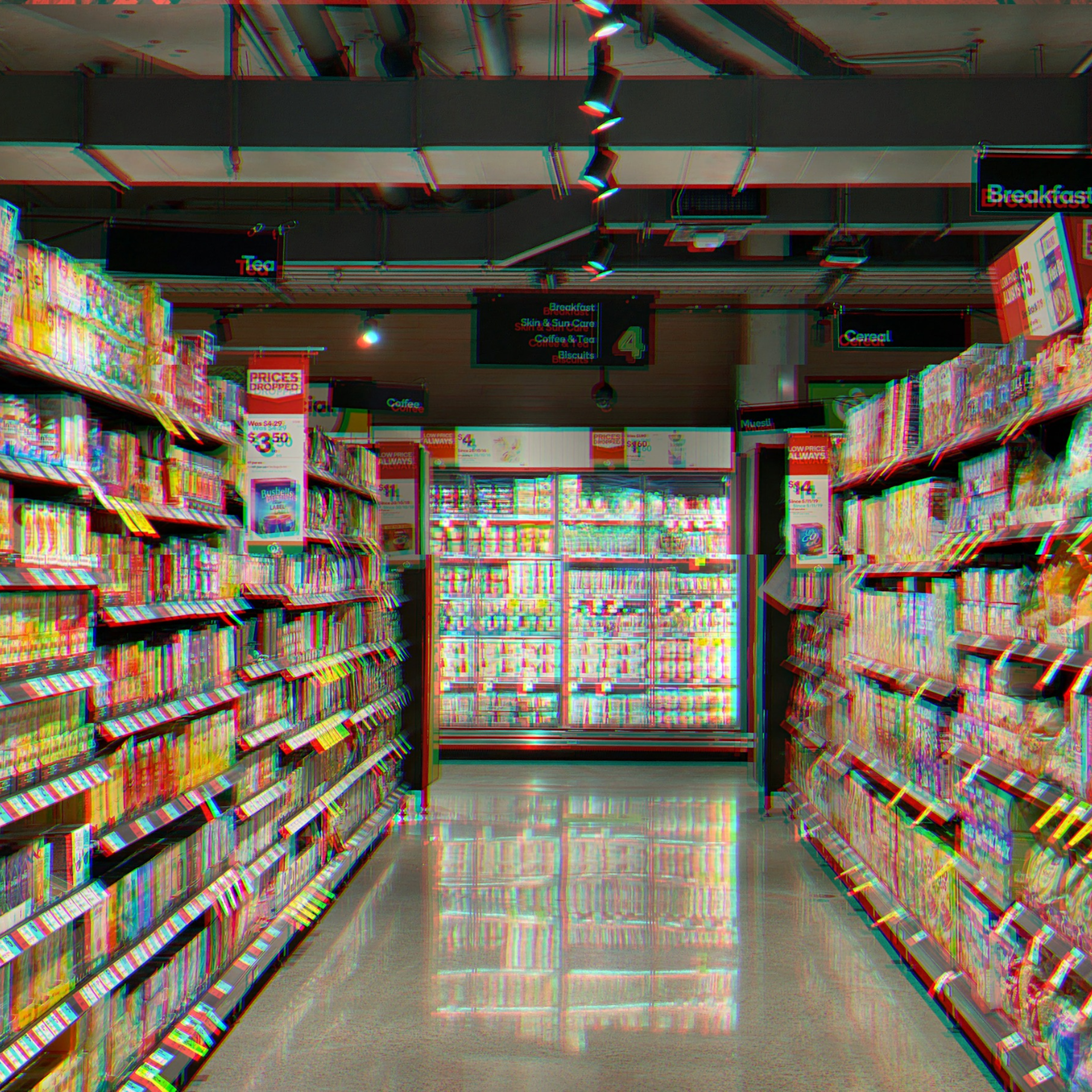 A supermarket aisle with a glitch effect.