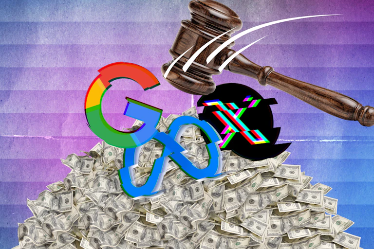 Logos for Google, Meta and X on a pile of money getting hit with a gavel