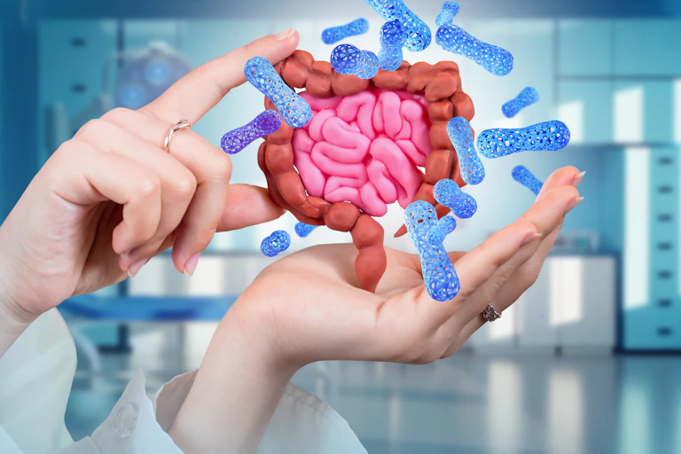 A hand holds a mini model of the gut microbiome.