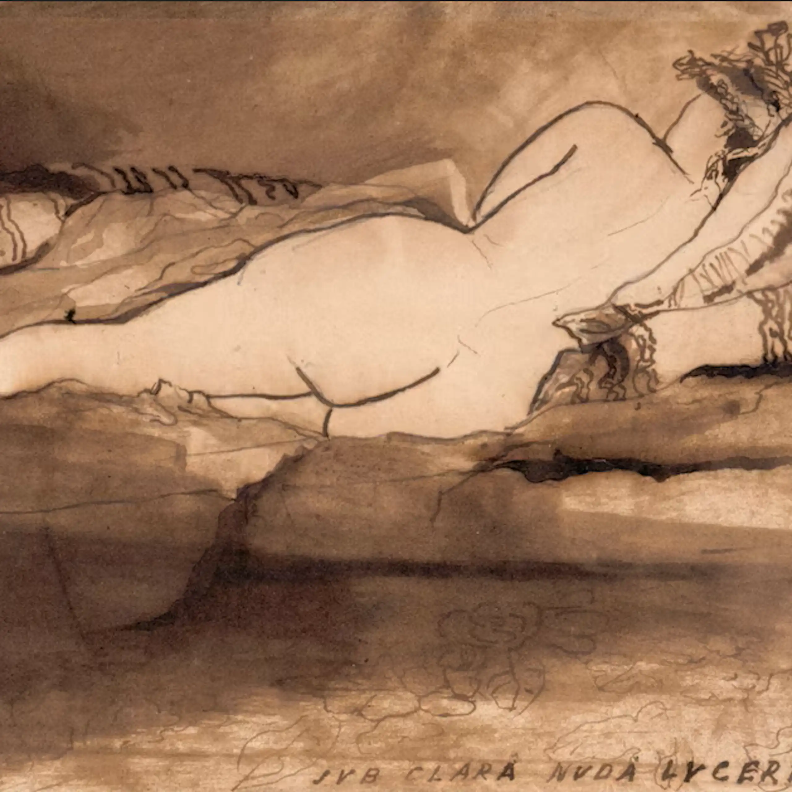 Femme nue vue de dos étendue sur le lit, dessin crayon/encre, plumet et pinceau.
