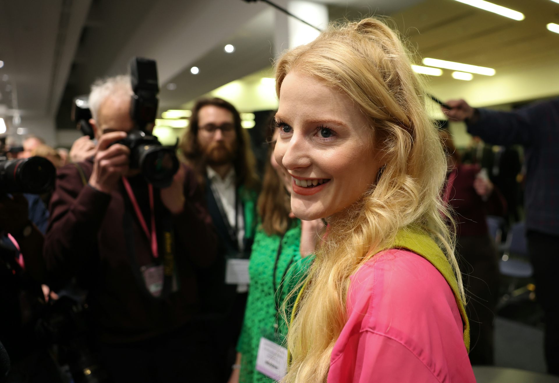 Hannah Spencer smiles in reaction to winning the Gorton and Denton byelection