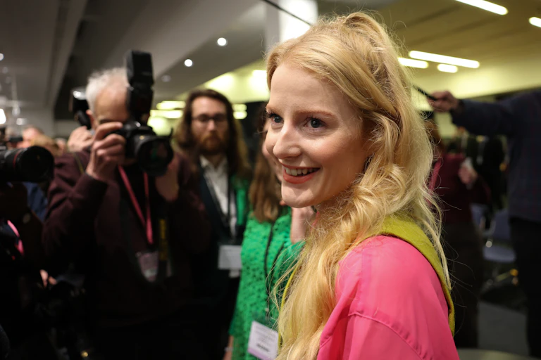 Hannah Spencer smiles in reaction to winning the Gorton and Denton byelection