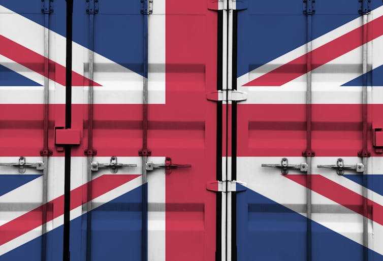 Shipping container with overlay of UK flag.