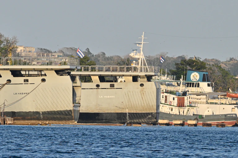 A number of military looking vessels are seen docked.