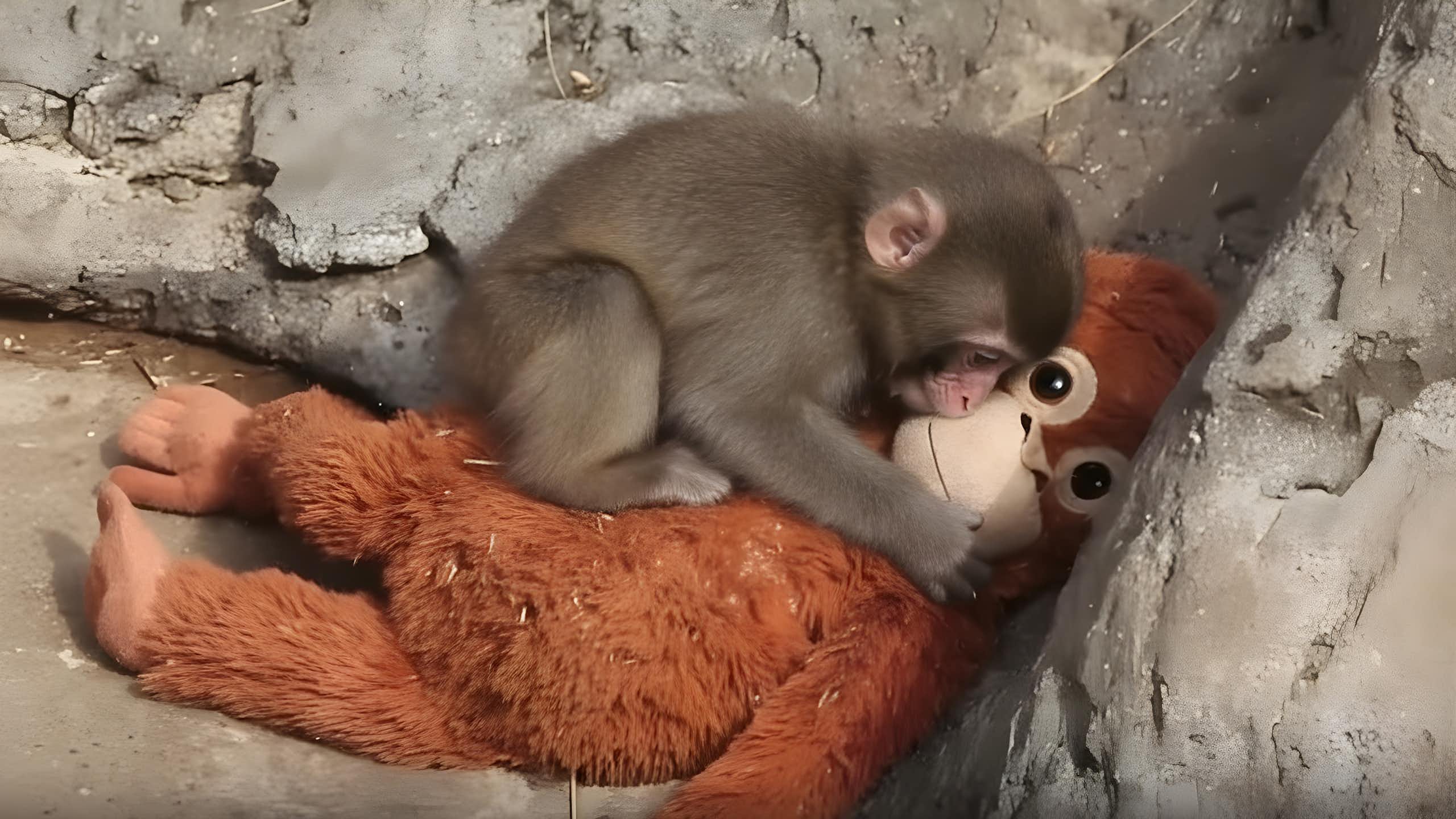 El mono Punch abraza a su orangután de peluche.