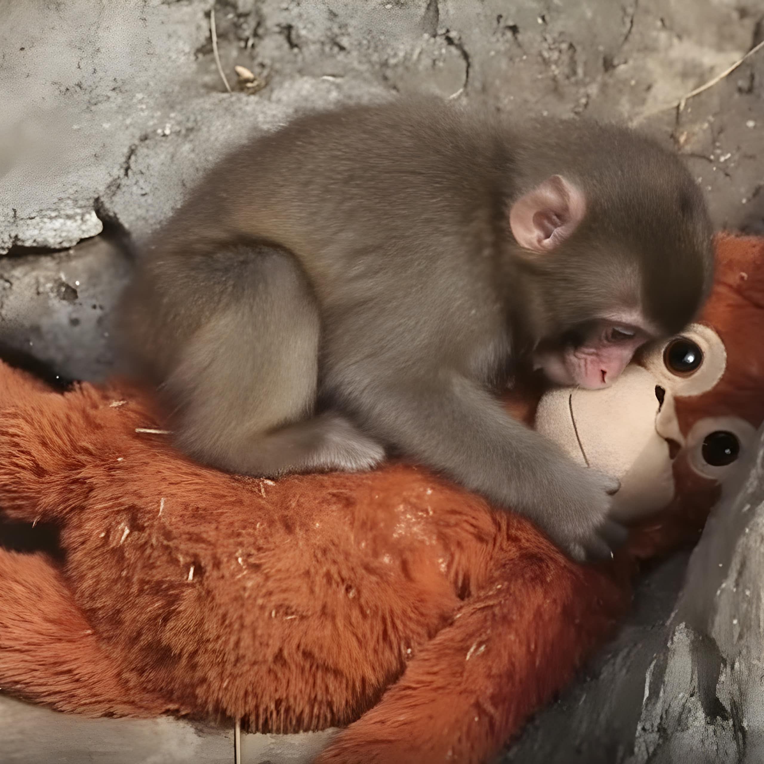 El mono Punch abraza a su orangután de peluche.
