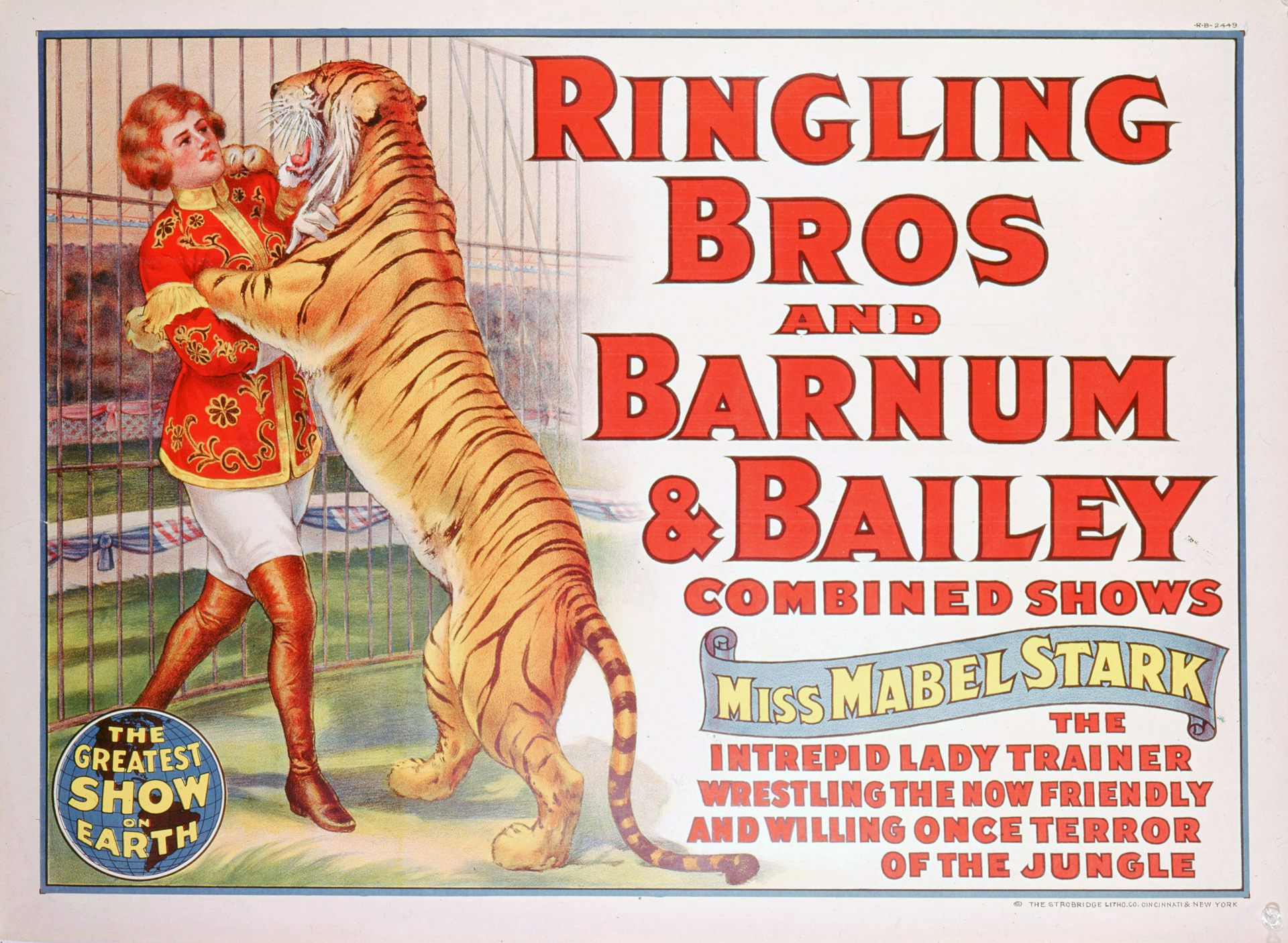 Un colorido anuncio de Ringling Bros. y Barnum & Bailey muestra a una mujer joven manipulando un tigre sobre sus patas traseras.
