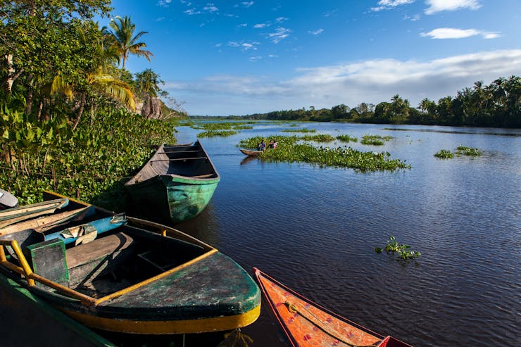 Warao Indians are leaving on a boat with other colorful wooden boats in the foreground.