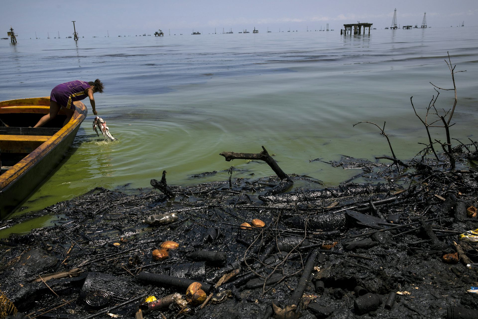 Una persona lava peces en aguas turbias cerca de la orilla, donde una mancha de petróleo cubre los restos.