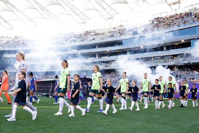 The Matildas enter the field before the AFC Women’s Asian Cup match against the Philippines.