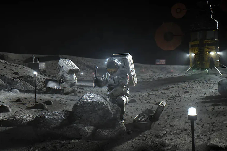 A dark illustration of Artemis astronauts on the moon.