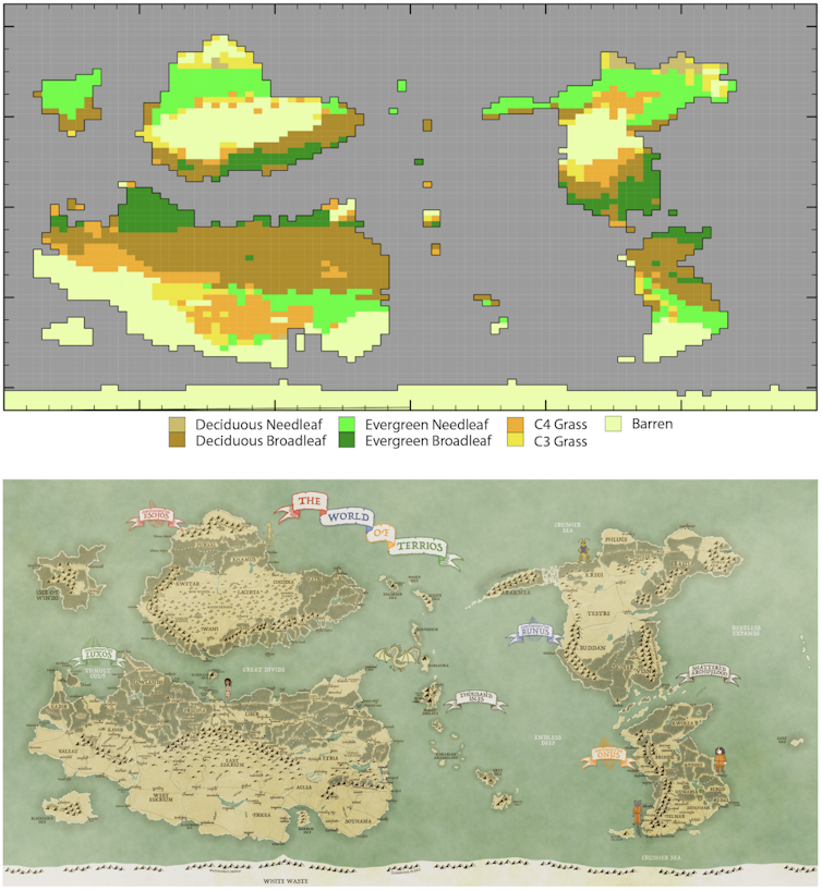 How simulated biomes from a climate model inform the design of a map of a new fantasy world.