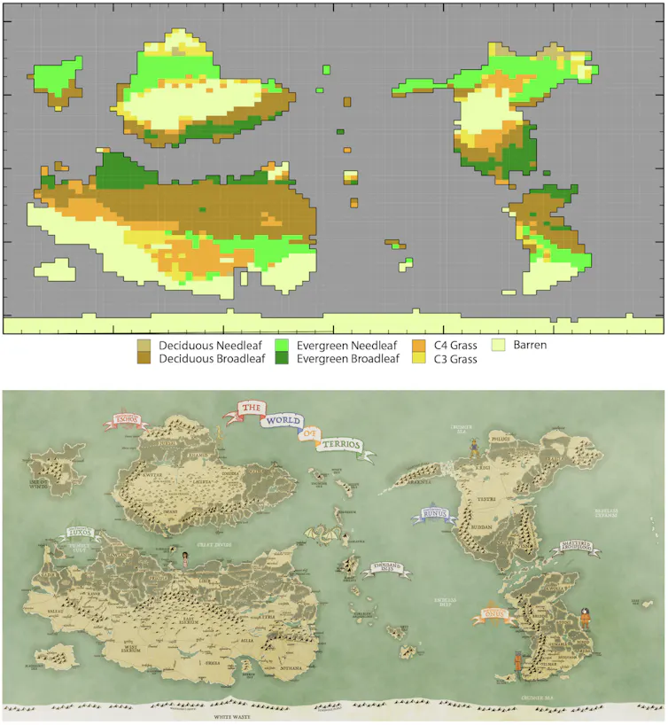 How simulated biomes from a climate model inform the design of a map of a new fantasy world.