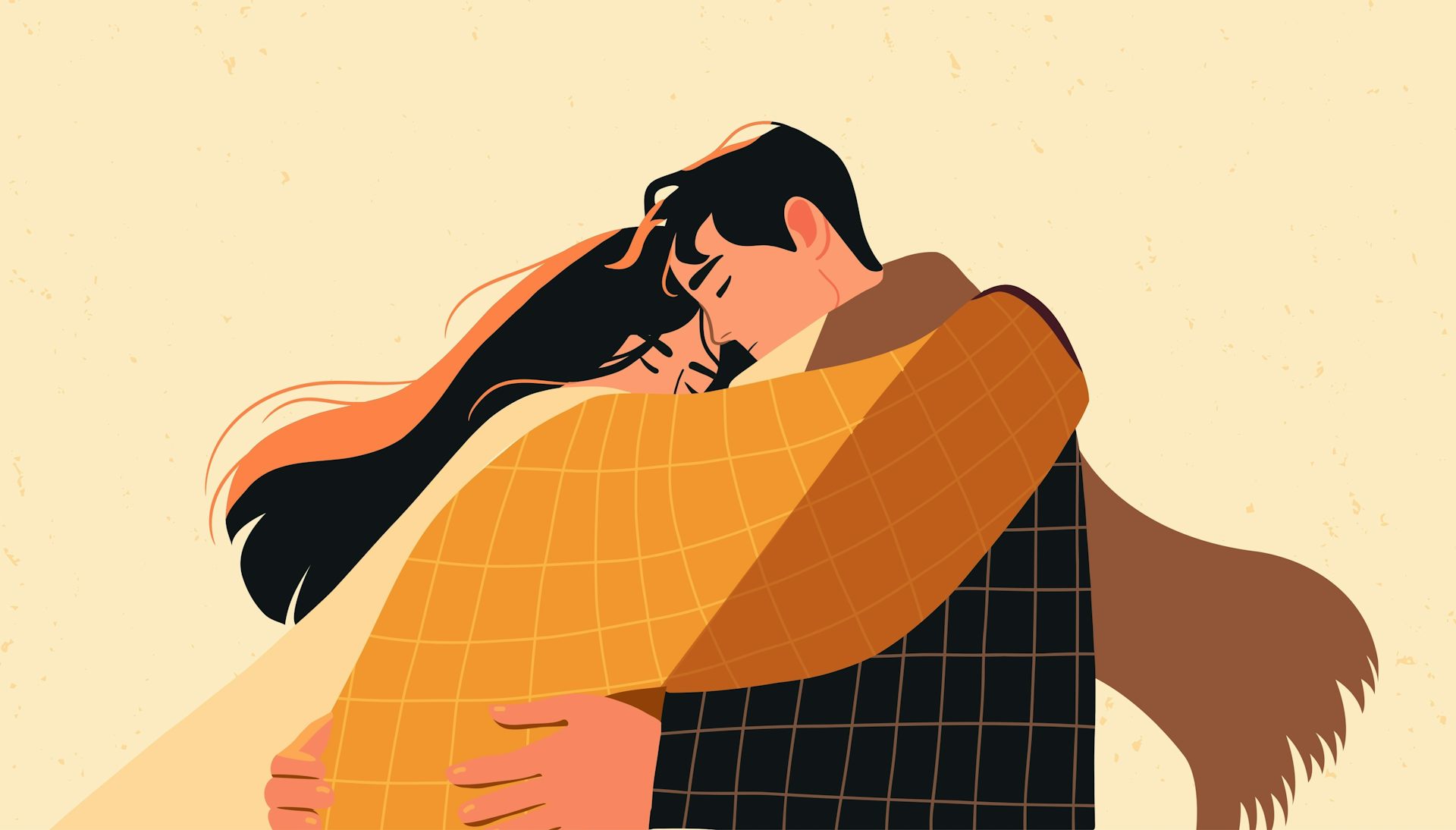 Illustration of a grieving couple hugging