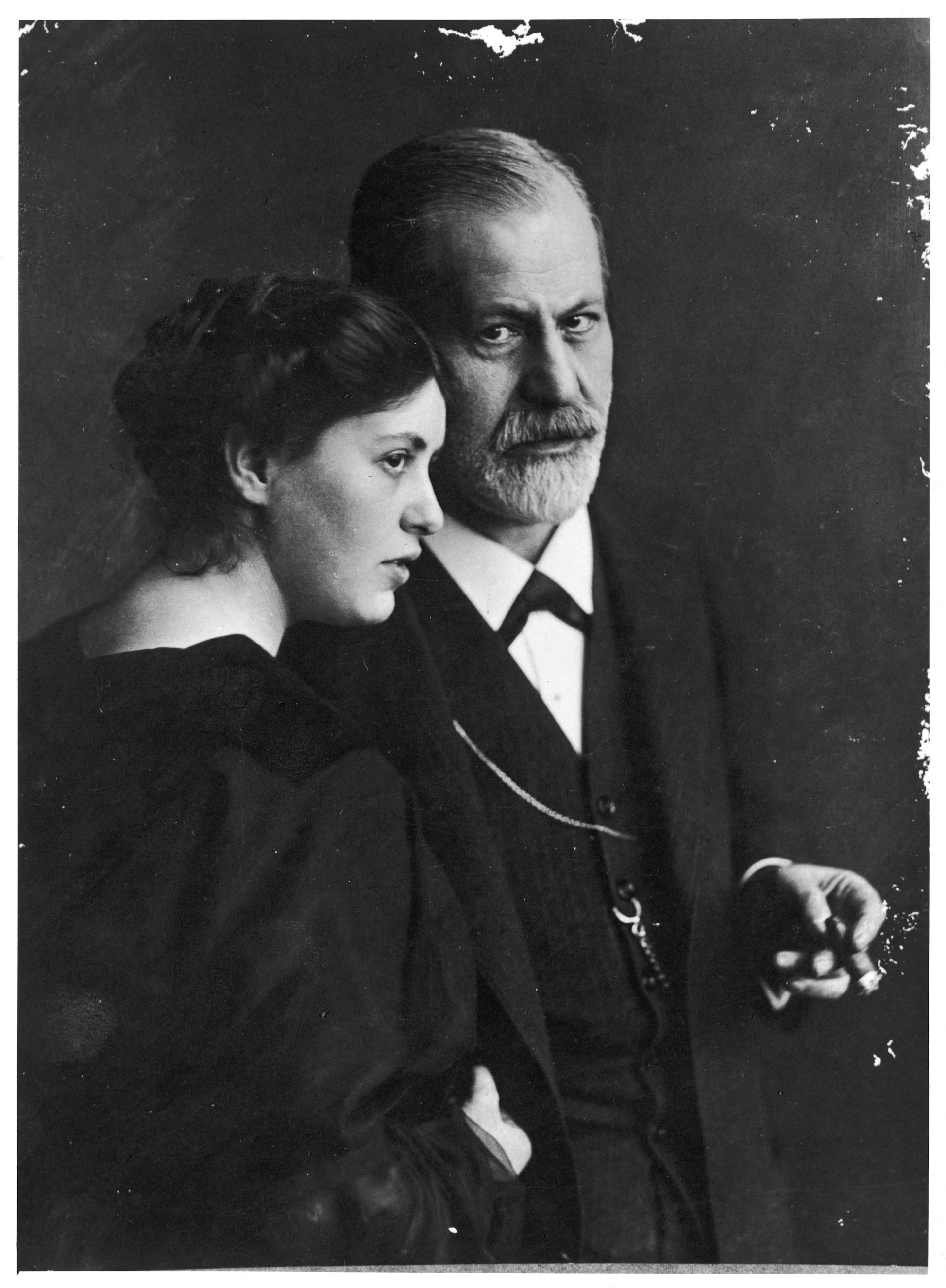 Black and white portrait of man and adult daughter.
