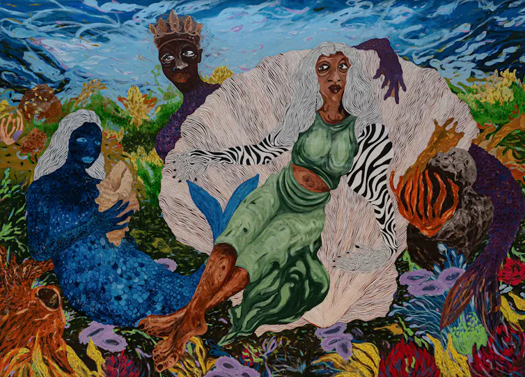 A bright painting of three African figures.