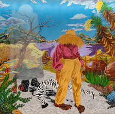 A colourful painting of a landscape with a woman walking down a path, her face covered by a large fringed hat.