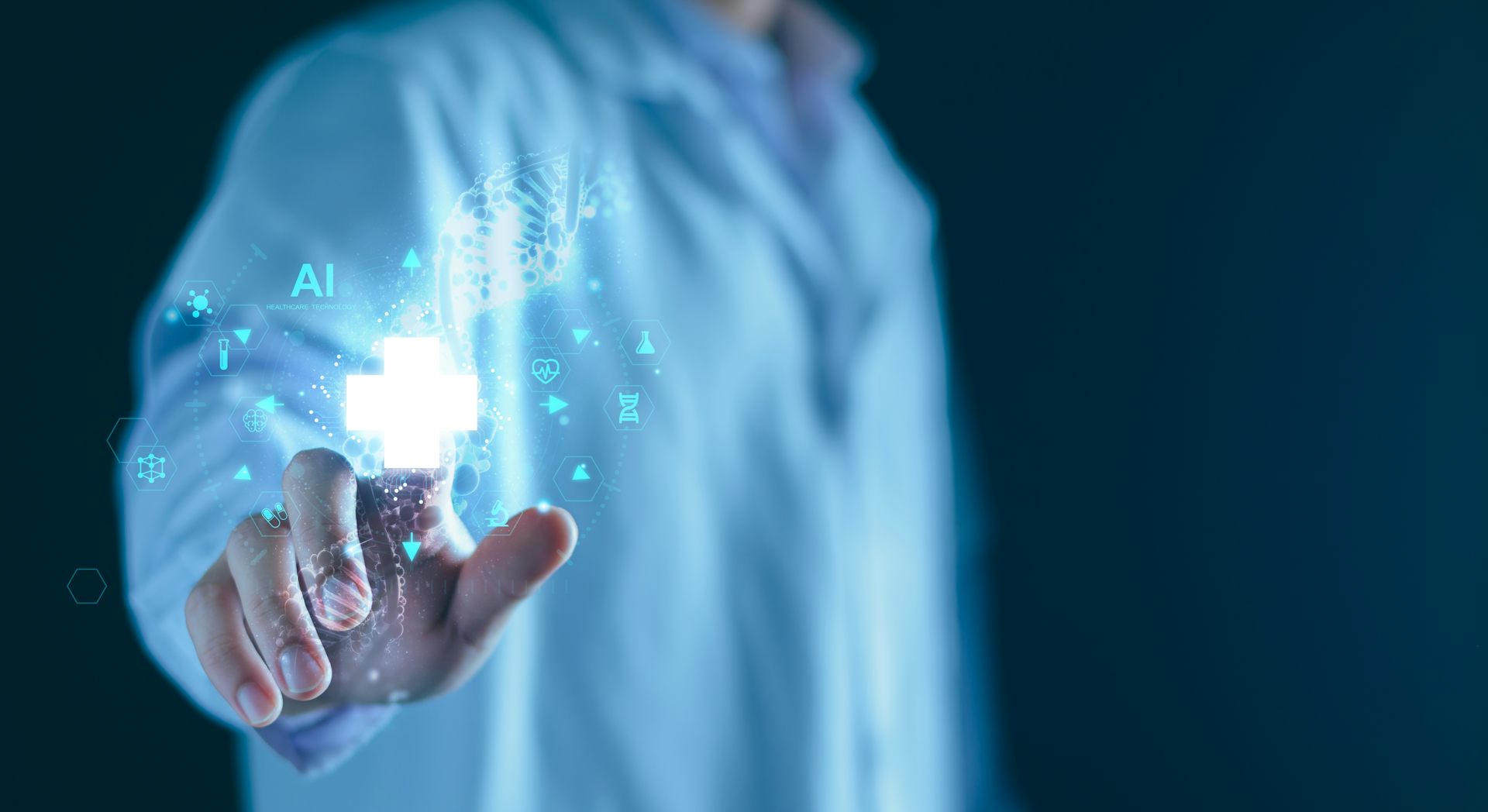 Illustration représentant un médecin avec l'inscription « IA » au bout de son doigt pointé en avant.