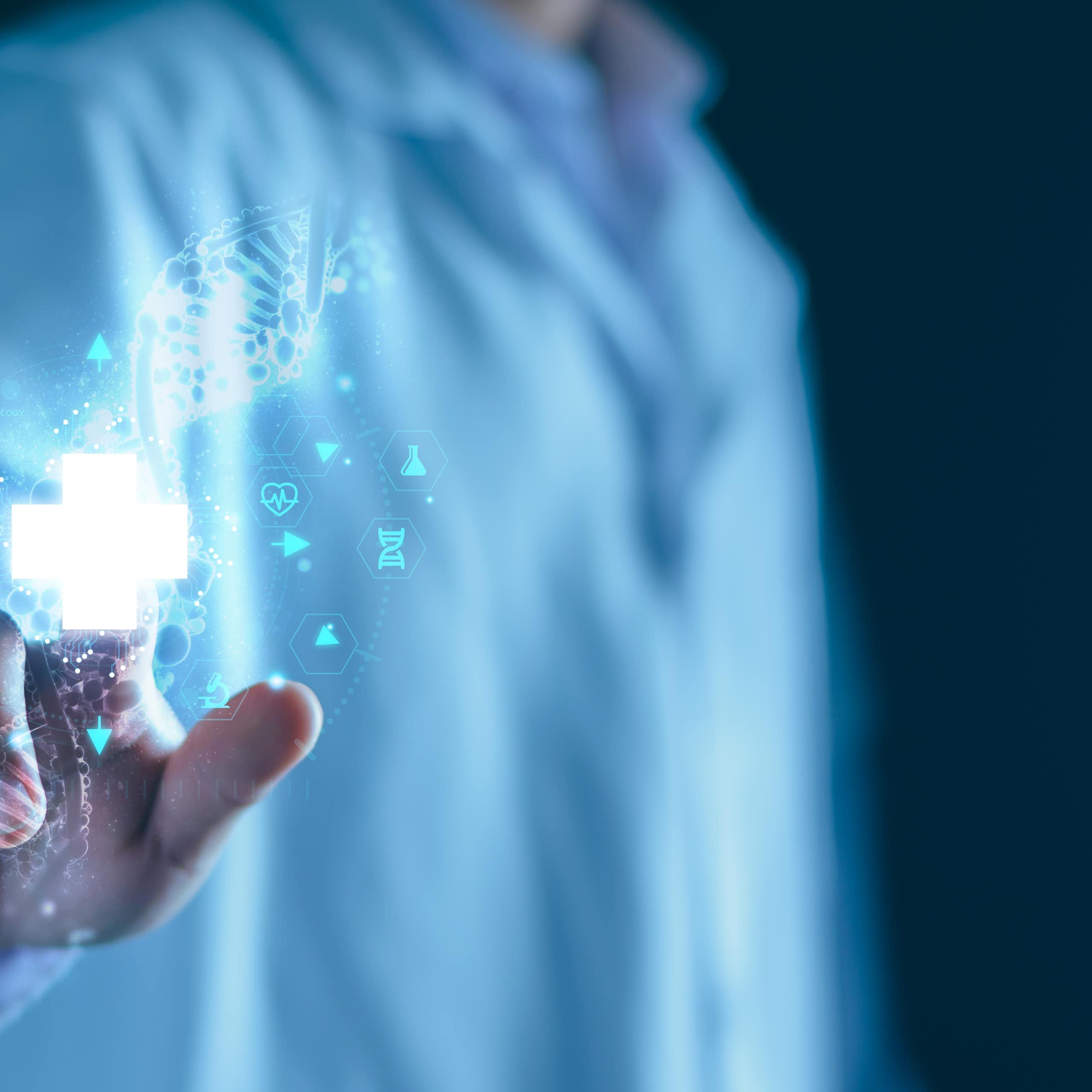 Illustration représentant un médecin avec l'inscription « IA » au bout de son doigt pointé en avant.