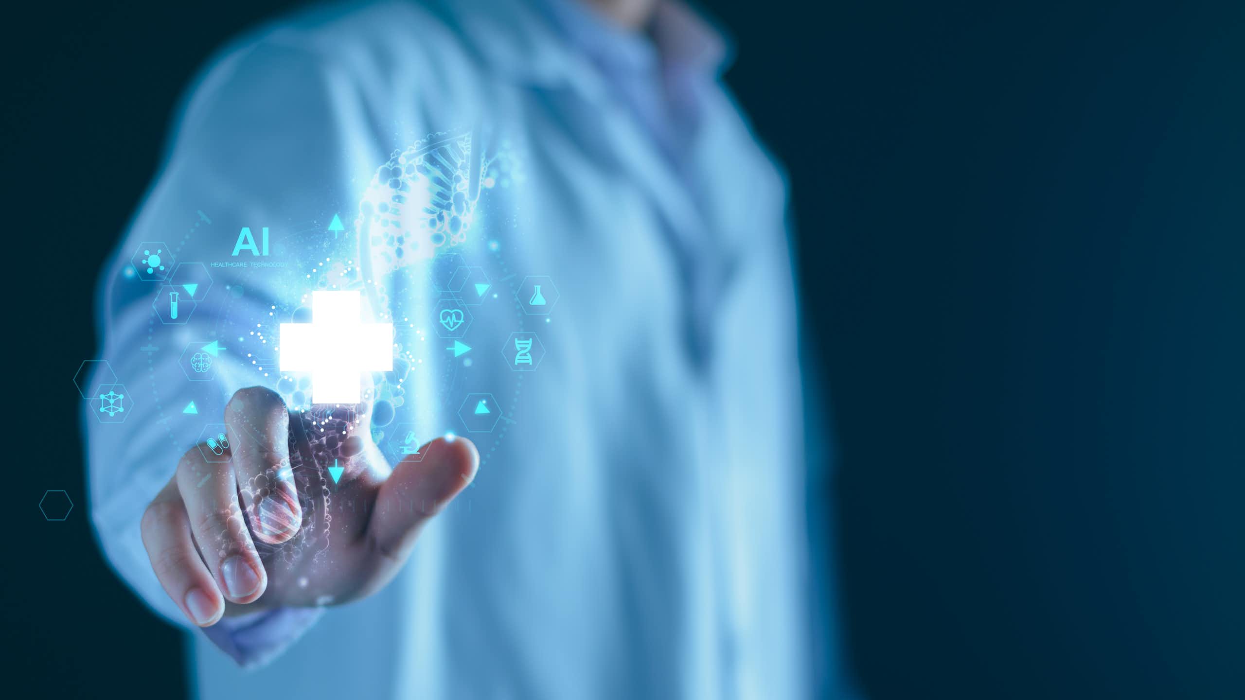 Illustration représentant un médecin avec l'inscription « IA » au bout de son doigt pointé en avant.