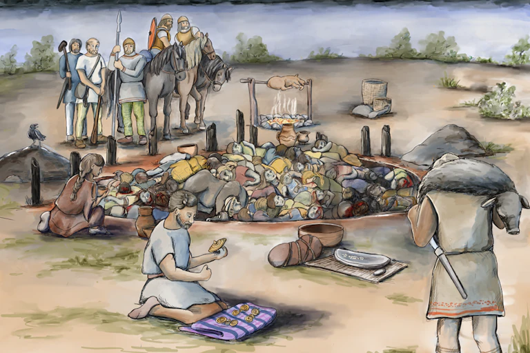 Illustration of bodies in a mass grave