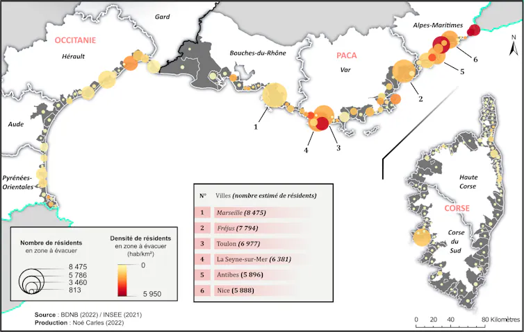 Nombre de résidents estimés dans la zone à évacuer, pour chaque commune du littoral méditerranéen français