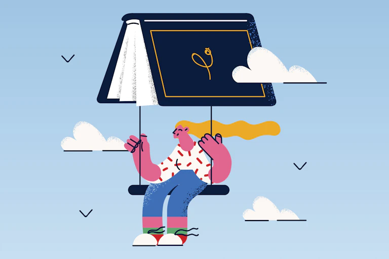 Illustration of a woman on a swing attached to a book, flying through the air