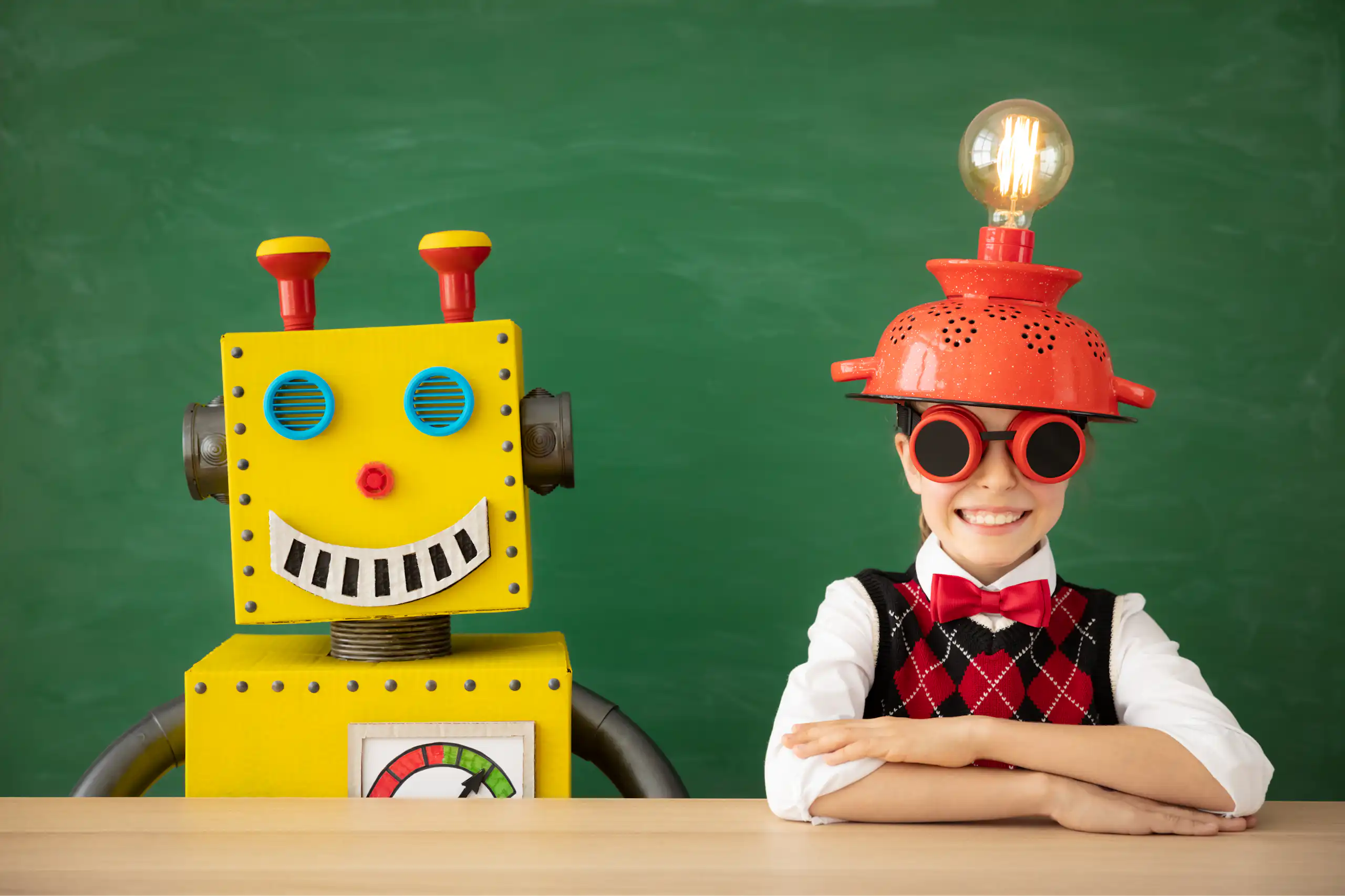 Una nena asseguda al costat d'un robot de cartró, tots dos somrients.