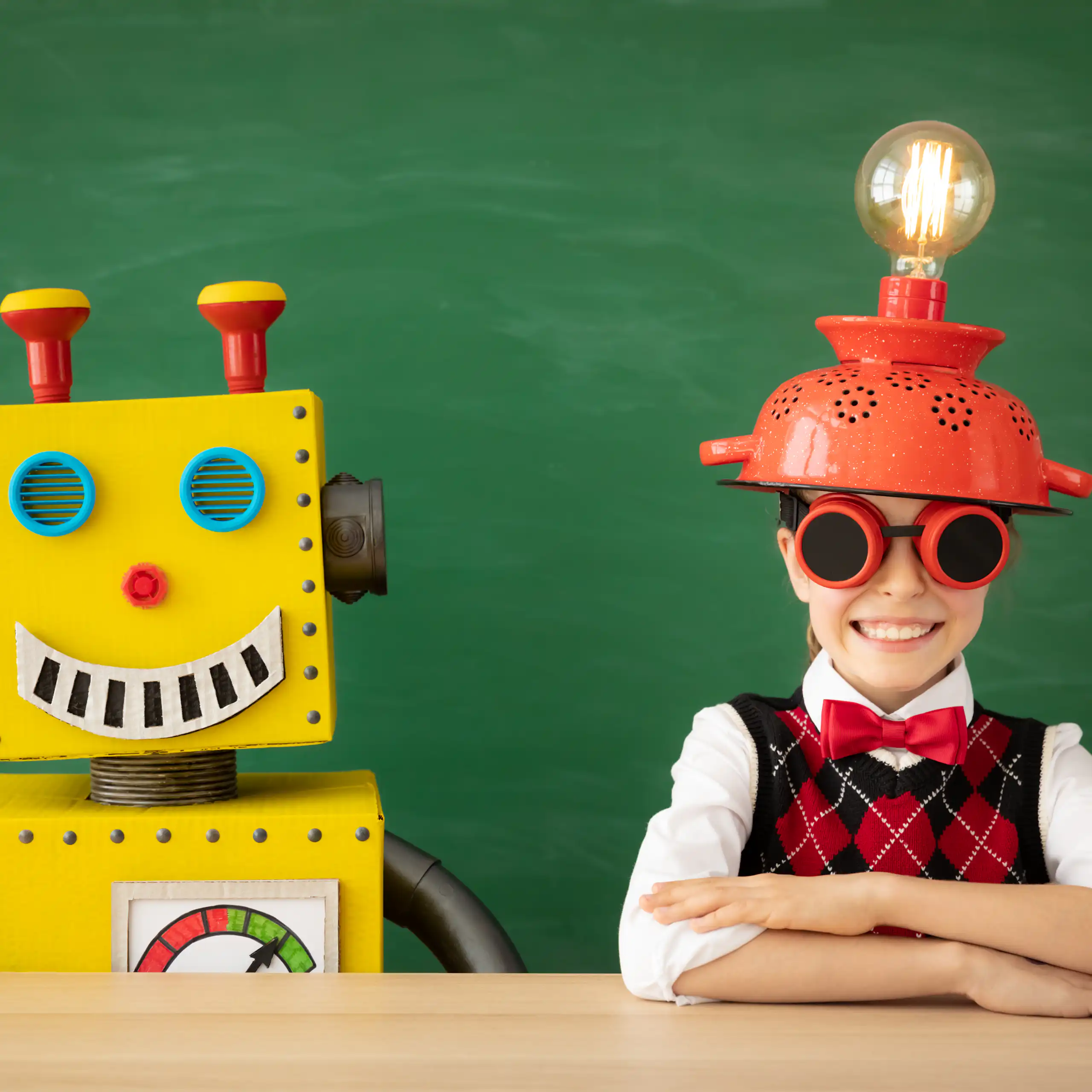 Una nena asseguda al costat d'un robot de cartró, tots dos somrients.