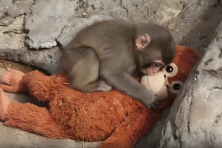 O macaquinho Punch abraça seu orangotango de pelúcia.
