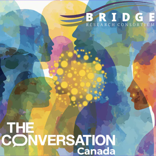 a colourful illustration shows people talking in silhouette around a yellow bacteria