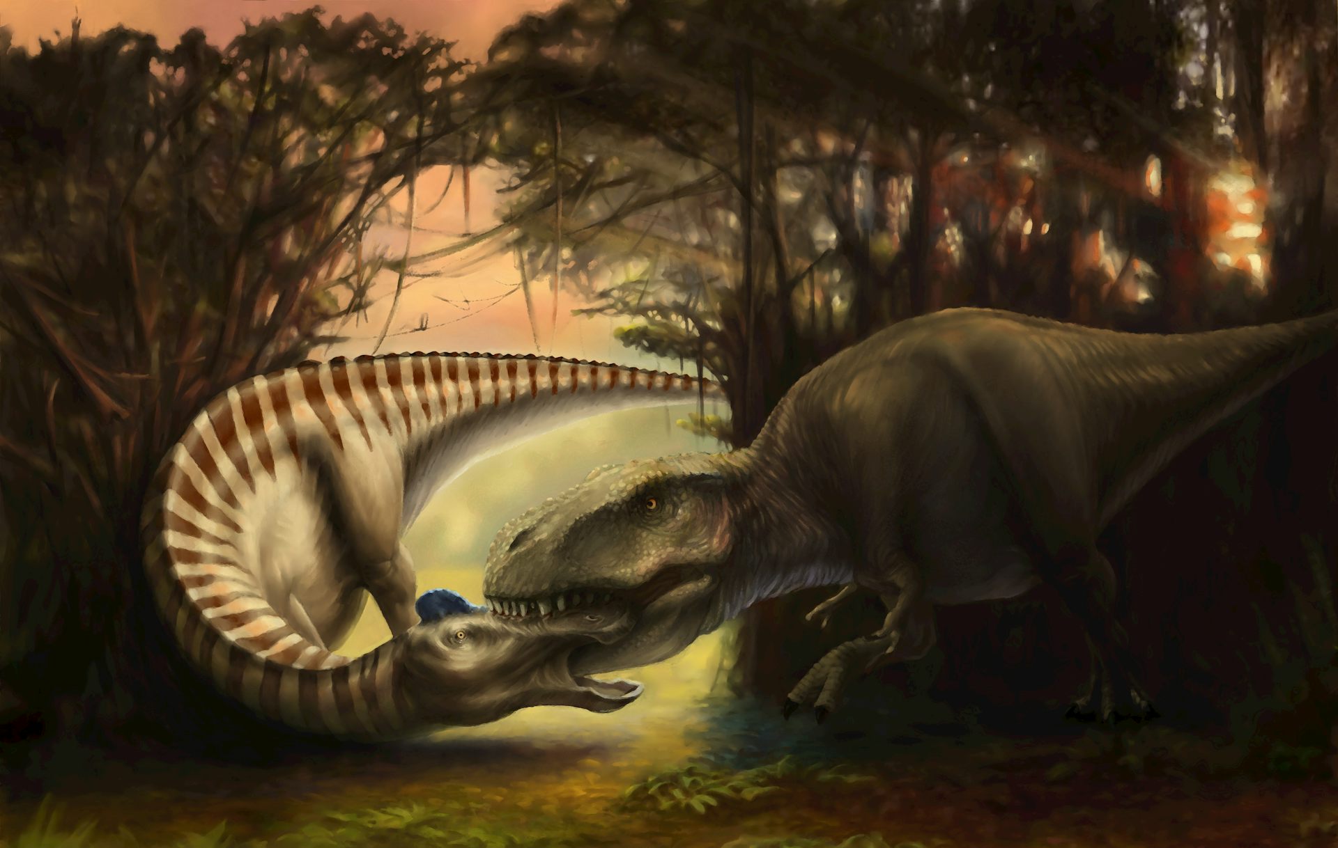 A dinosaur biting the head of another dinosaur 