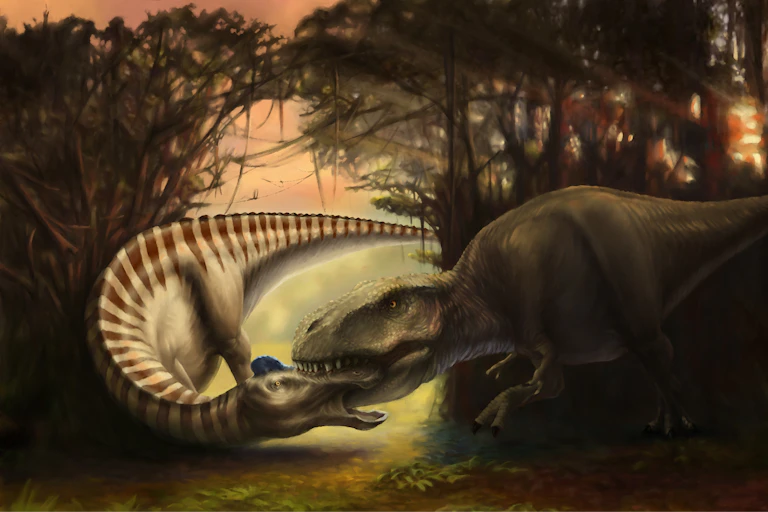A dinosaur biting the head of another dinosaur