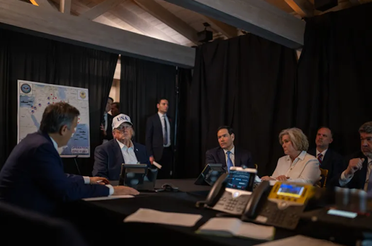 US president, Donald Trump, with his chief of staff Susie Wiles, secretary of state Marco Rubio and other senior advisers in the White House situation room, March 2 2026.