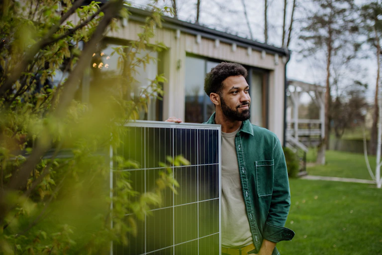 A man standing in front of a one story, modern wooden house with a solar panel and lots of green trees and bushes around it.