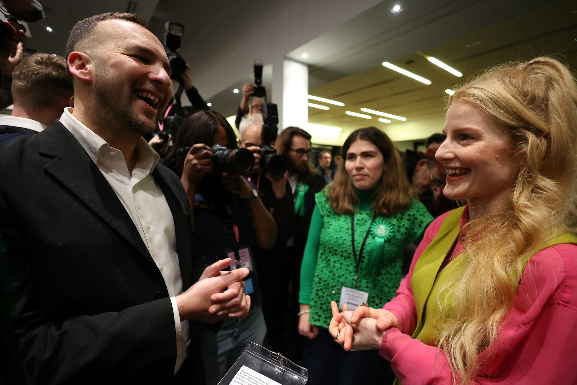 Hannah Spencer and zack Polanski celebrate at the vote count