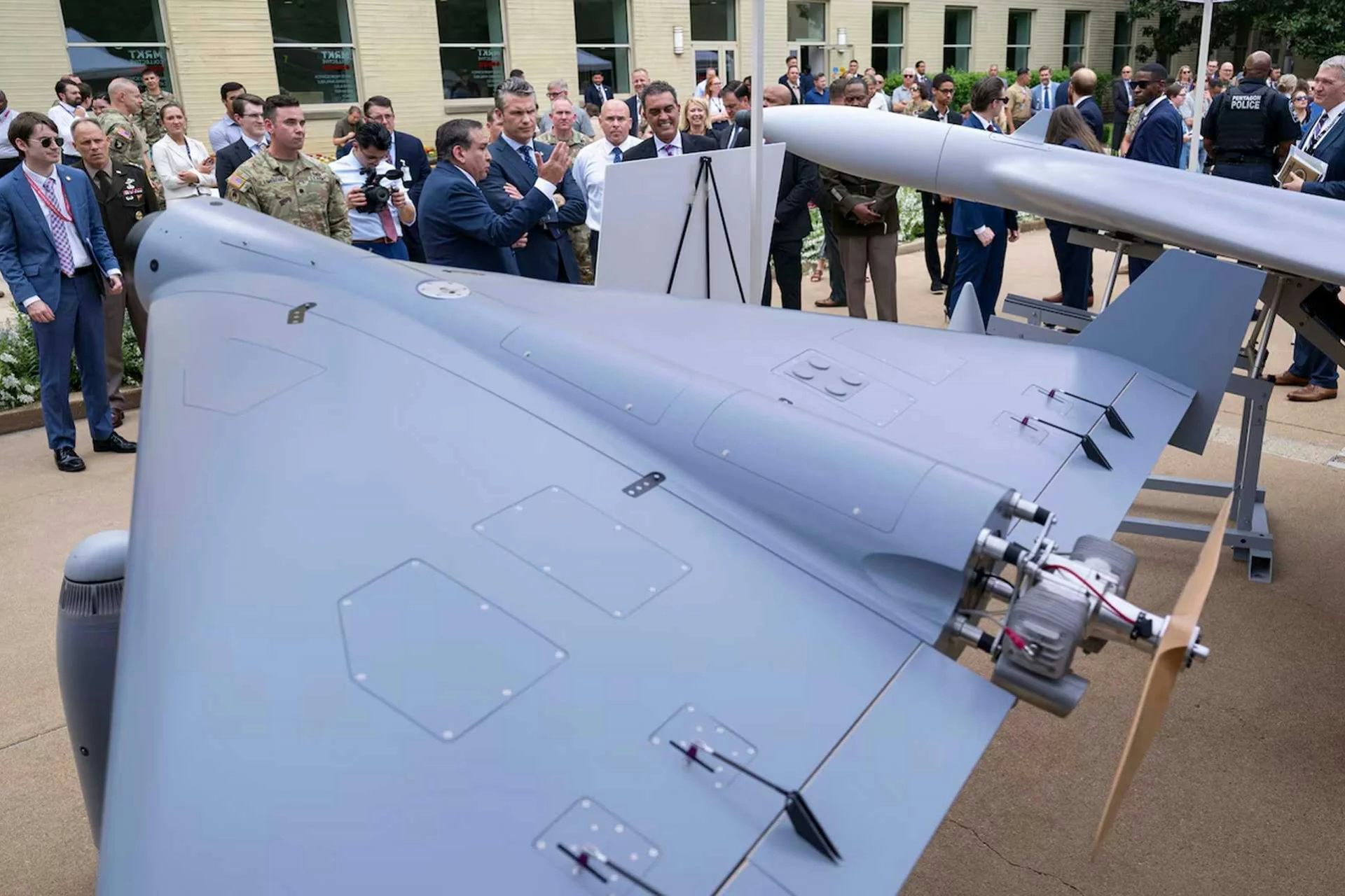 A Lucas drone at the Pentagon in a July 2025 event attended by defense secretary Pete Hegseth.