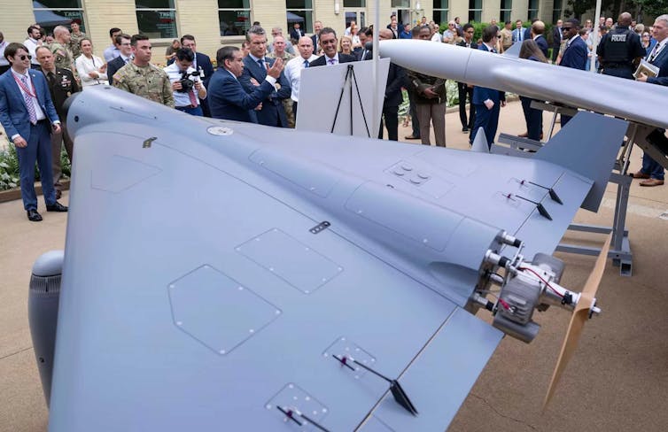 A Lucas drone at the Pentagon in a July 2025 event attended by defense secretary Pete Hegseth.