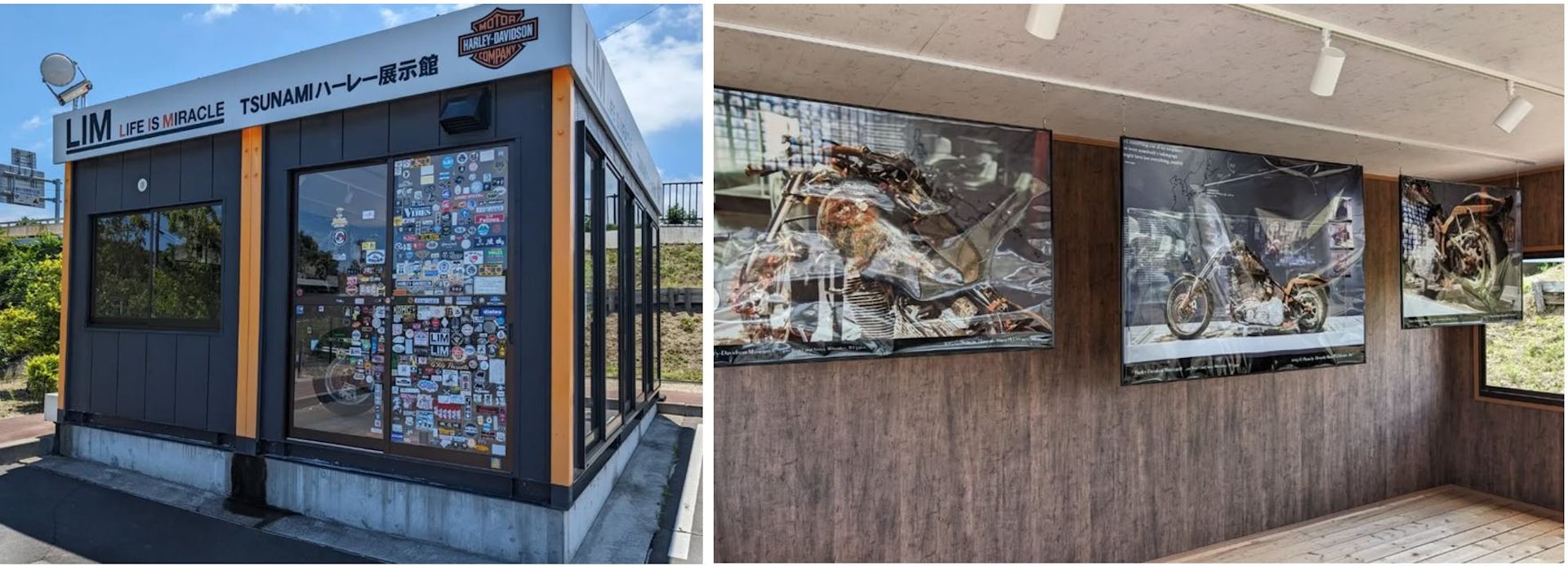 dos imágenes una al lado de la otra. Uno muestra el exterior del quiosco en forma de cubo. Otros en el interior con cuadros de motos en las paredes.