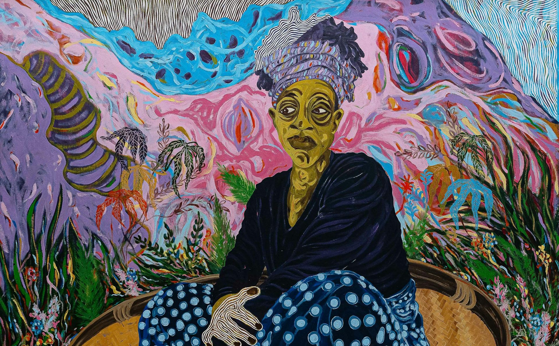 An oil painting showing a woman in traditional headgear seated in front of a landscape of mountains and sky. 